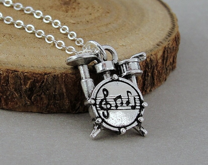 Silver Drum Set Necklace, Drummer Charm Necklace, Drum Kit Charm Necklace, Drummer Percussionist Charm, Band Player Drums Charm Jewelry