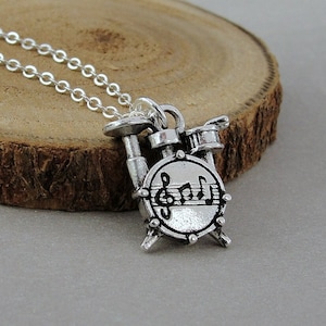 Silver Drum Set Necklace, Drummer Charm Necklace, Drum Kit Charm Necklace, Drummer Percussionist Charm, Band Player Drums Charm Jewelry