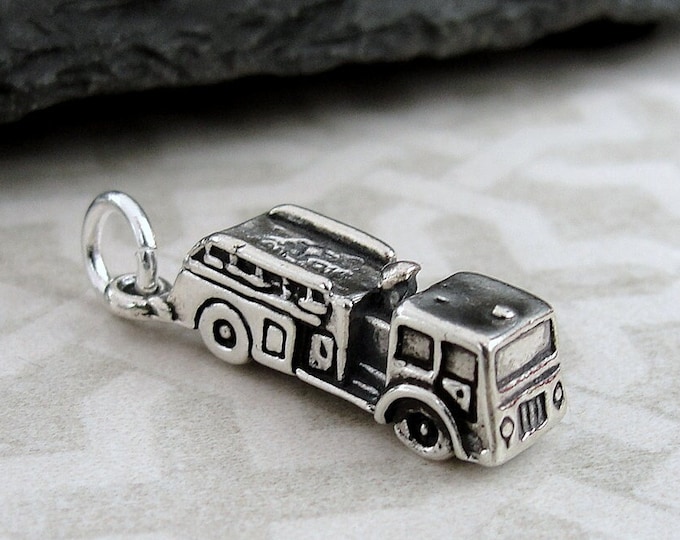 Fire Engine Charm, 925 Sterling Silver 3D Fire Truck Charm for Necklace or Bracelet, Firefighter Charm, Fireman Charm, Firefighter Gift