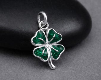 Sterling Silver Four Leaf Clover Charm, Lucky Green Shamrock Pendant, St Patricks Day Jewelry