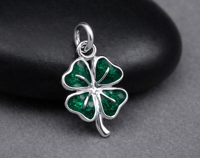 Sterling Silver Four Leaf Clover Charm, Lucky Green Shamrock Pendant, St Patricks Day Jewelry
