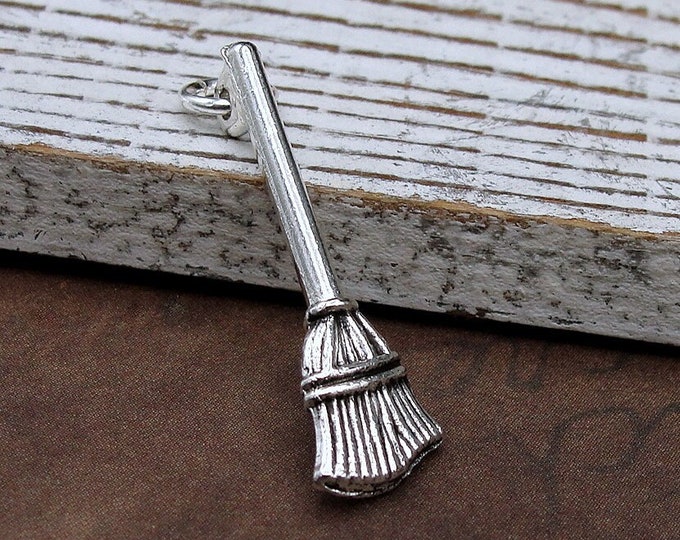 Witch's Broom Charm, Silver Broom Charm for Necklace or Bracelet, Broom Necklace Charm, Halloween Charm, Wicked Witch on Broom Charm