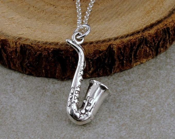 Saxophone Necklace, 925 Sterling Silver 3D Saxophone Charm Necklace, Jazz Band Instrument Charm, Saxophone Player Gift, Saxophone Jewerly