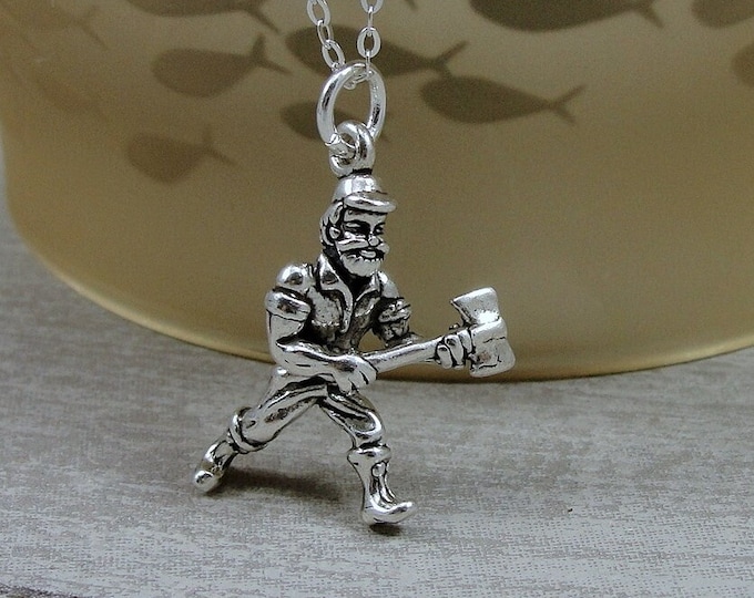 Sterling Silver Lumberjack Necklace, Woodsman Necklace, Paul Bunyan Charm, 3D Lumberjack Pendant Necklace