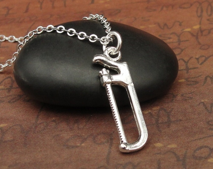 Hacksaw Necklace, Silver Plated Hacksaw Charm Necklace, Metal Saw Necklace, Handyman Charm, Handyman Gift, Hack Saw Charm Jewelry