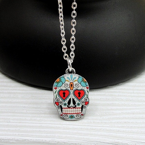 Sugar Skull Necklace, Silver Plated Candy Skull Charm Necklace, Day of the Dead Necklace, Sugar Skull Charm, Halloween Themed Jewelry