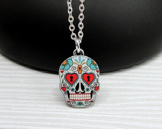 Sugar Skull Necklace, Silver Plated Candy Skull Charm Necklace, Day of the Dead Necklace, Sugar Skull Charm, Halloween Themed Jewelry