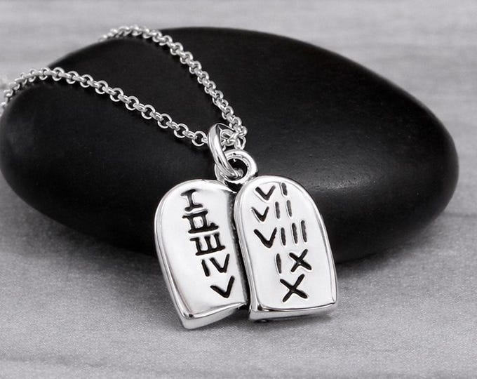 925 Sterling Silver Ten Commandments Necklace, 10 Commandments Charm, Religious Pendant Necklace, Christian Faith Jewelry