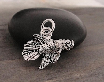 Betta Charm, Silver 3D Betta Fish Charm, Siamese Fighting Fish Charm, Betta Necklace Charm, Betta Bracelet Charm, Betta Gift, Betta Jewelry