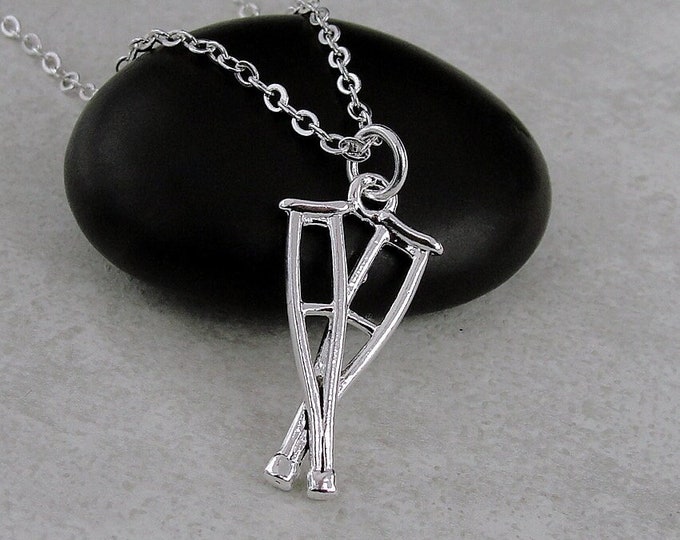 Crutches Necklace, Silver Plated Crutch Charm Necklace, Pair of Crutches Necklace, Break a Leg Charm, Good Luck Gift, Medical Charm Jewelry