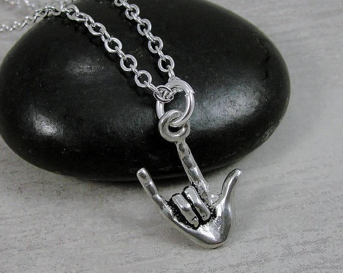 I Love You Sign Language Necklace, Silver Love Sign Language Charm on a Silver Cable Chain