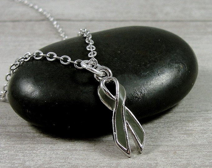 Gray Awareness Ribbon Necklace, Silver & Grey Awareness Charm, Brain Cancer Awareness, Cancer Awareness Ribbon Pendant Jewelry