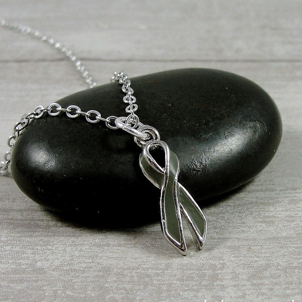 Gray Awareness Ribbon Necklace, Silver & Grey Awareness Charm, Brain Cancer Awareness, Cancer Awareness Ribbon Pendant Jewelry