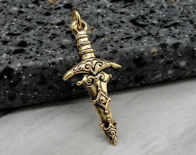 Medieval Sword Charm, Gold Ornate Sword Charm for Necklace, Dagger Charm, Excalibur Sword Charm, Pirate Sword Charm, Knight's Sword Jewelry