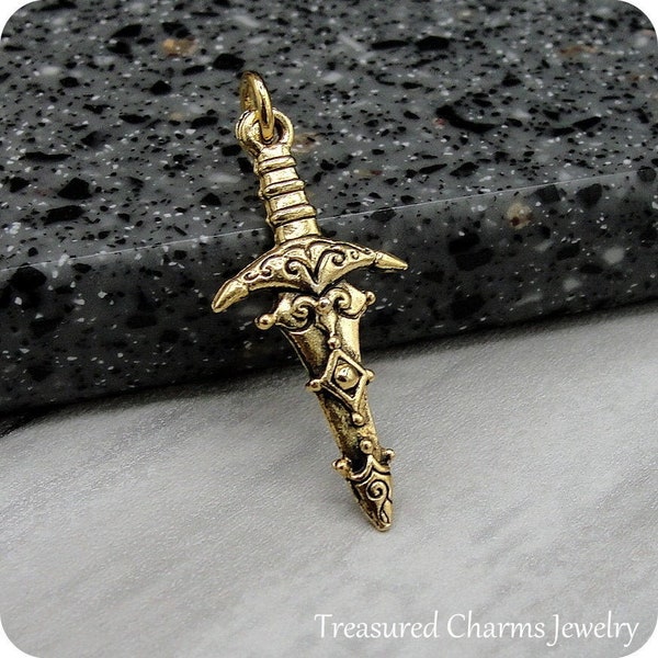 Medieval Sword Charm, Gold Ornate Sword Charm for Necklace, Dagger Charm, Excalibur Sword Charm, Pirate Sword Charm, Knight's Sword Jewelry