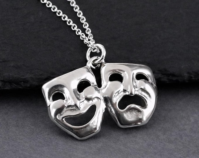 925 Sterling Silver Comedy Tragedy Mask Necklace, Theater Drama Mask Charm, Actor Actress Pendant,  Drama Club Gift Jewelry
