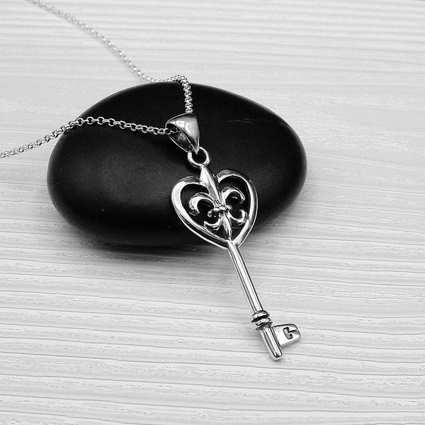 Fleur De Lys Heart Key Necklace, 925 Sterling Silver Fleur De Lis Key Charm Necklace, Mardi Gras Necklace, Fleur de lys Charm Jewelry