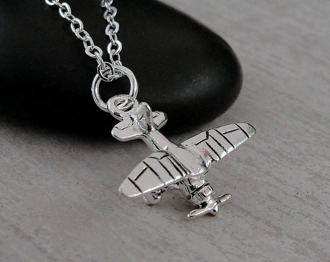 Biplane Necklace, Silver Plated Biplane Charm on a Silver Cable Chain