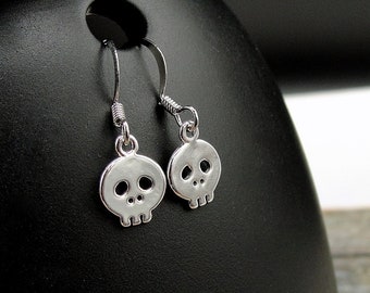 Tiny Skull Earrings, Silver Plated Skull Dangle Earrings, Skeleton Earrings, Goth Dangle Earrings, Halloween Themed Earrings, Goth Jewelry