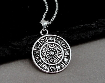 Zodiac Wheel Necklace, 925 Sterling Silver Zodiac Calendar Charm Necklace, Zodiac Necklace, Astrology Charm Necklace, Zodiac Charm Jewelry