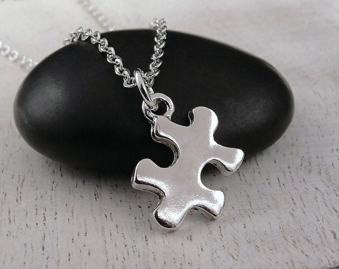 Puzzle Piece Necklace, Silver Plated Jigsaw Puzzle Charm Necklace, Puzzle Necklace, Autistm Awareness Necklace, Autism Gift Jewelry