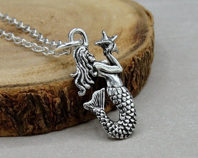 Silver Mermaid Necklace, Mermaid Charm, Mermaid Pendant, Ocean Beach Starfish Necklace, Girls Mermaid Jewelry, Mermaid Gift