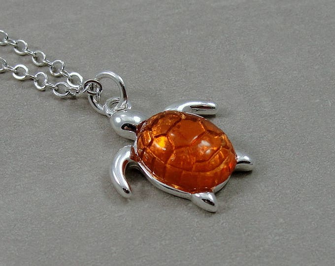 Sea Turtle Necklace with Resin Shell , Silver Plated Sea Turtle Charm on a Silver Cable Chain