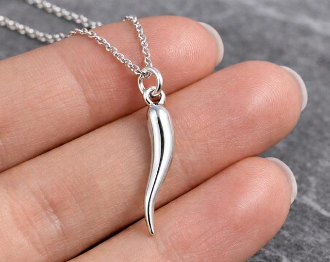 Italian Horn Necklace, 925 Sterling Silver 3D Cornetto Charm Necklace, Chili Pepper Pendant, Good Luck Jewelry
