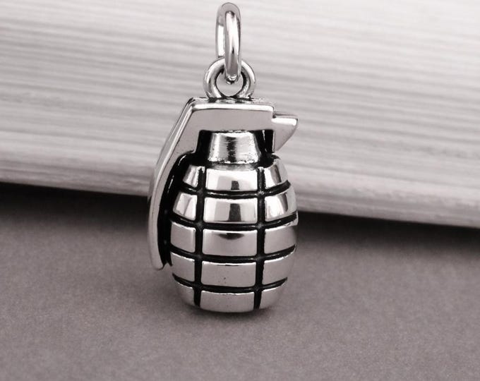 Silver 3D Hand Grenade Charm for Necklace or Bracelet,  Military Weapon Pendant Jewelry