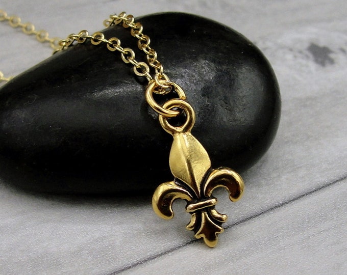 CLOSEOUT - Fleur De Lys Necklace, Gold Fleur De Lis Charm Necklace, French Royalty Necklace, French Lily Necklace, New Orleans Jewelry