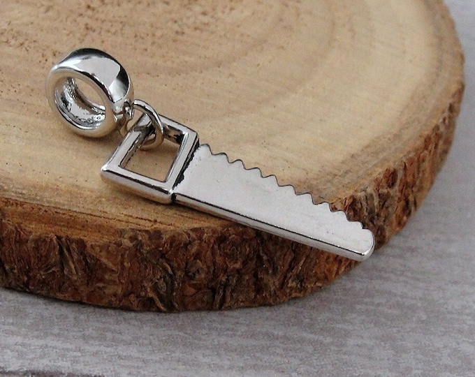 Hand Saw European Charm, Silver Hand Saw Dangle Charm, Carpentry Charm, Handyman Charm, Tool Charm, Large Hole Bead, Gift for Handyman