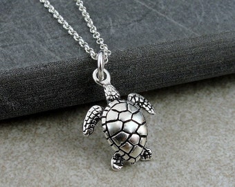 Sea Turtle Necklace, 925 Sterling Silver Sea Turtle Charm on a Silver Cable Chain, Sea Turtle Gift, Sea Turtle Jewelry, Ocean Beach Jewelry