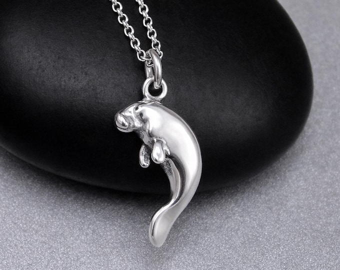 Sterling Silver Manatee Necklace, Sea Cow Charm, Aquatic Marine Pendant, Florida Beach Jewelry