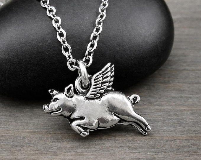 Flying Pig Necklace, Silver Flying Pig with Wings Charm Neckalce, Flying Pig Pendant, When Pigs Fly Charm Necklace, Pig Charm, Pig Gift