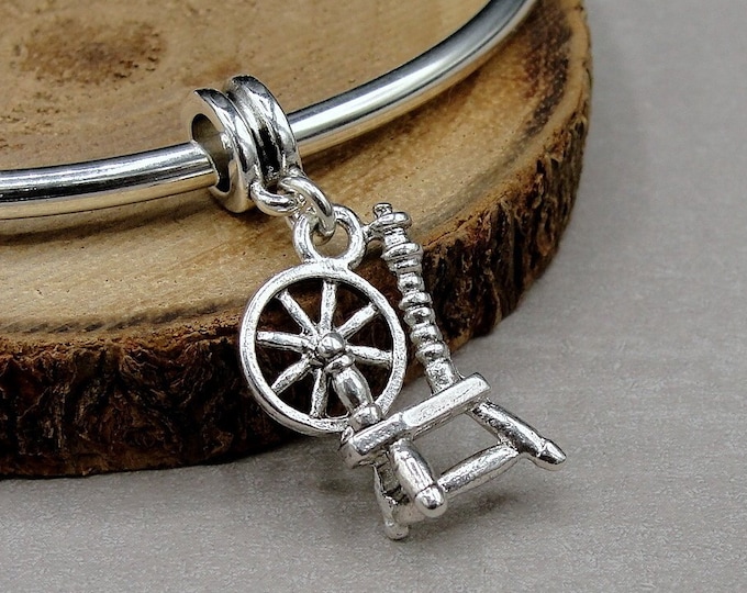 Silver Spinning Wheel European Dangle Charm Seamstress Charm, Sewing Charm, Bracelet Charm, Large Hole Bead, Big Hole Bead, Seamstress Gift