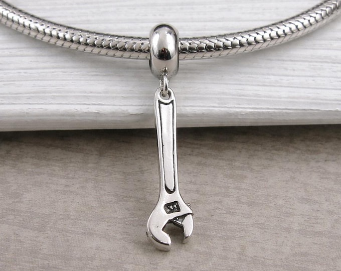 Sterling Silver Crescent Wrench Charm for European Bracelet, Crescent Wrench Pendant with Bail, Handyman Jewelry, Gift for DIYer