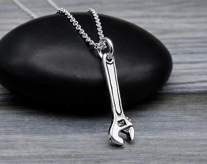 925 Sterling Silver Crescent Wrench Charm Necklace, Monkey Wrench Pendant, Handyman Gift, DIYer Charm Gift