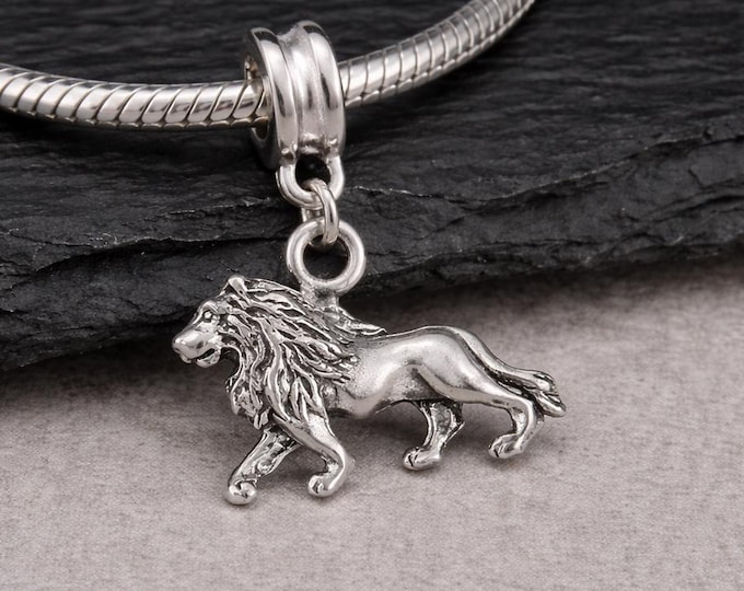 Lion European Dangle Charm for Bracelet, Silver 3D Lioness Pendant with Bail,  Wild Cat Jewelry, Large Hole Bead fits on Snake Chains