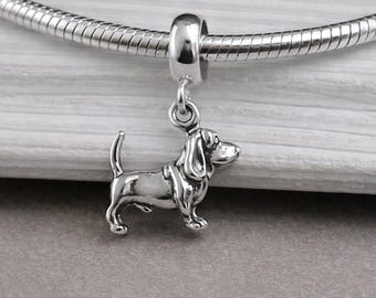 925 Sterling Silver Basset Hound Dangle Bead Charm, Tiny 3D Hound Dog European Charm, Large Hole Bead fits European Bracelets