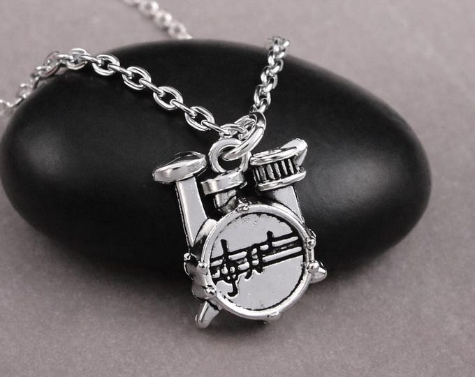 Silver Drum Set Necklace, Drummer Charm, Percussionist Pendant, Rock Band Jewelry, Gift for Drummer