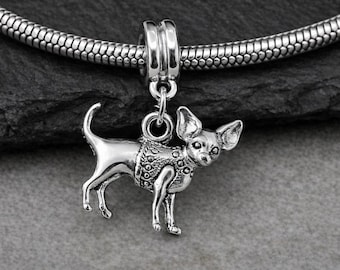 Silver Chihuahua Dangle Charm, Puppy Dog Bead for European Bracelets, Fits Snake Style Chains