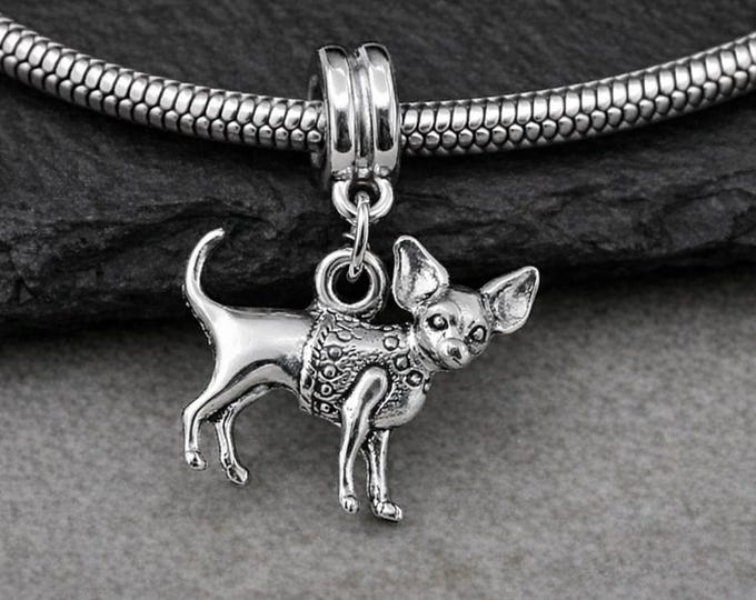 Silver Chihuahua Dangle Charm, Puppy Dog Bead for European Bracelets, Fits Snake Style Chains