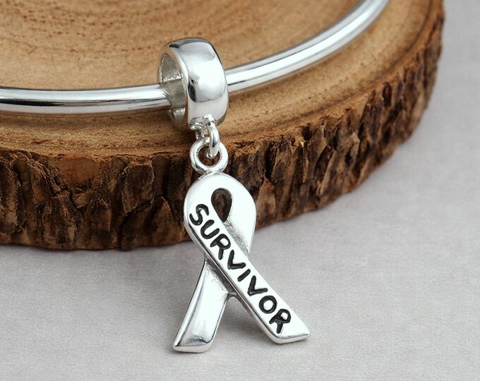 Sterling Silver Survivor Ribbon Dangle Charm, Cancer Awareness European Bead, Awareness Ribbon Pendant with Bail, Large Hole Bead