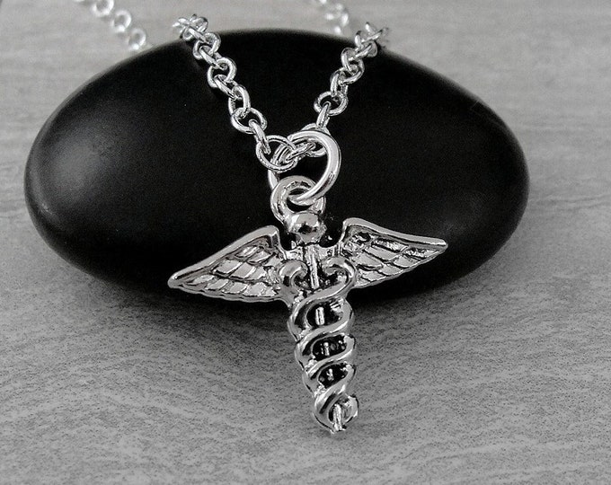 Silver Medical Caduceus Necklace, Medical Symbol Necklace, Caduceus Charm, Caduceus Pendant, Doctor Charm, Nurse Charm, Medical Charm