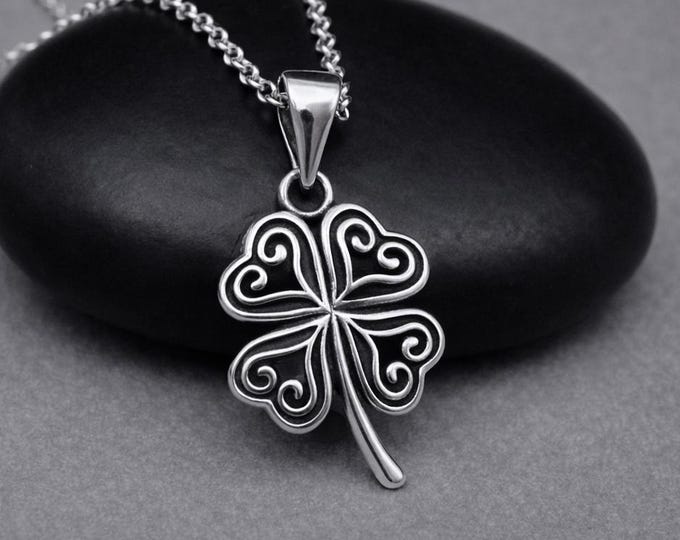 Sterling Silver Heart Shamrock Necklace, Four Leaf Clover Charm, St Patricks Day Pendant, Good Luck Gift, Lucky Jewelry