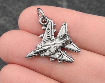 USA Fight Jet Charm, Silver Fighter Jet Necklace Charm, Military Aircraft Charm, Military Fighter Plane Charm, Fighter Aircraft Charm
