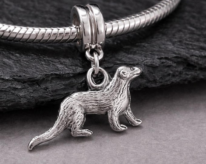 Ferret European Charm, Silver Double-sided Ferret Dangle Charm, Weasel Pendant with Bail, Large Hole Bead, Fits Snake Chain Bracelets