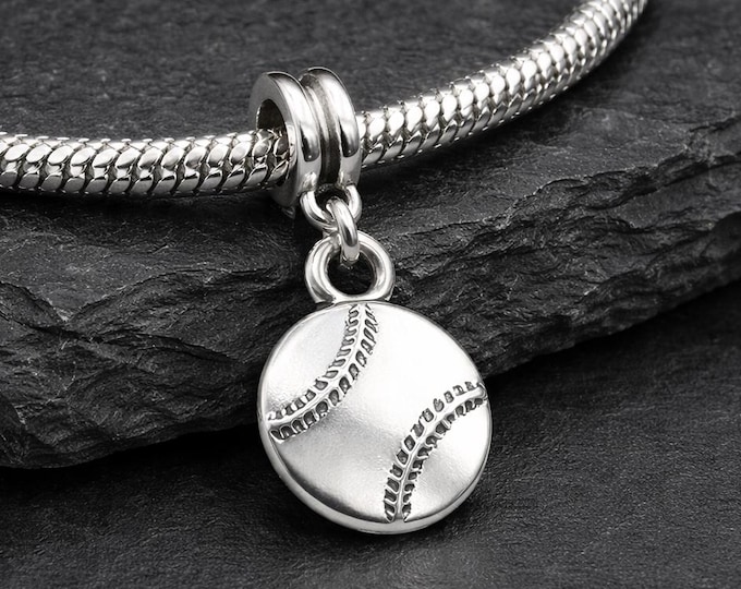 Silver Softball Charm for European Bracelet, Baseball Dangle Charm, Pendant with Large Hole Bead Bail