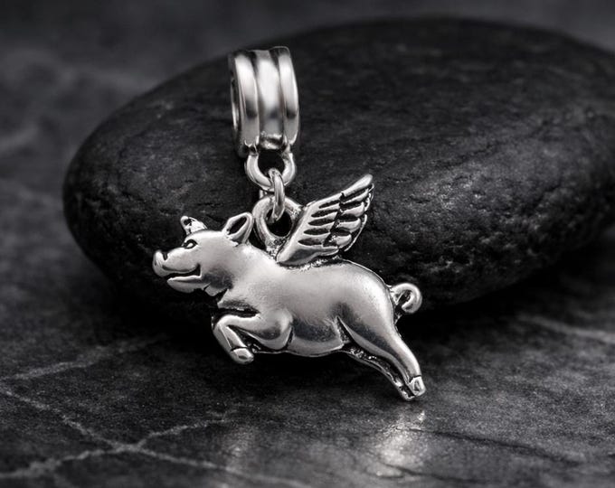Flying Pig European Dangle Bead Charm - Silver Flying Pig Charm for European Bracelet - When Pigs Fly Charm - Pig Lover Gift - Pig Jewelry