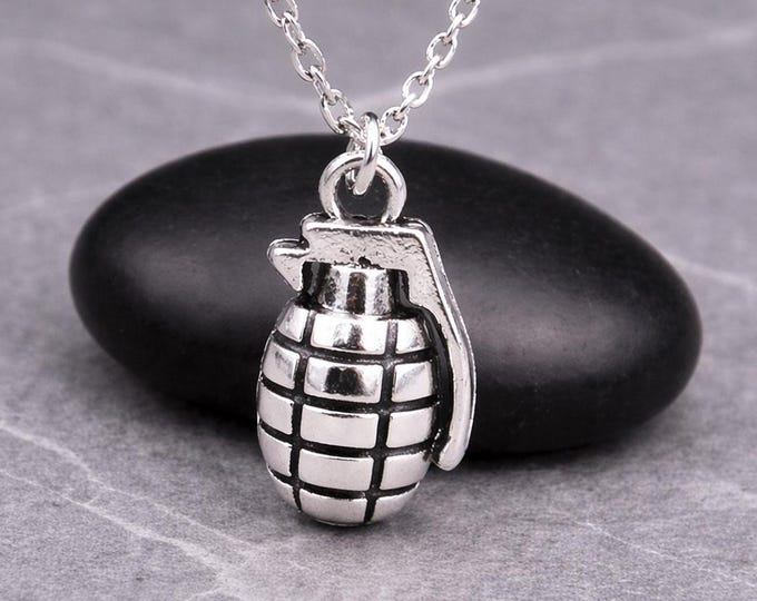 Silver 3D Hand Grenade Charm Necklace, Military Weapon Pendant Jewelry